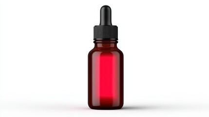A red glass dropper bottle, commonly used for essential oils or liquid extracts, with a black dropper cap, isolated on a white background.