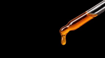 A close-up of a dropper releasing a golden liquid against a stark black background, emphasizing the texture and color of the fluid.