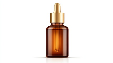 A sleek amber glass dropper bottle with a golden cap, often used for essential oils or serums, reflecting a clean and modern design.