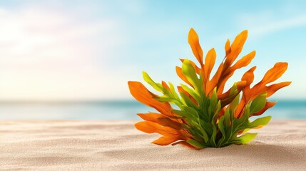 A colorful sea plant rests on sandy shores, with a beautiful ocean backdrop under a clear sky, creating a serene coastal scene.