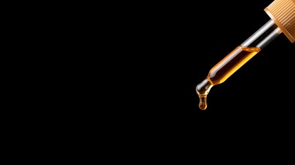A dropper filled with amber liquid is poised above a dark background, emphasizing the elegance and precision of the application.