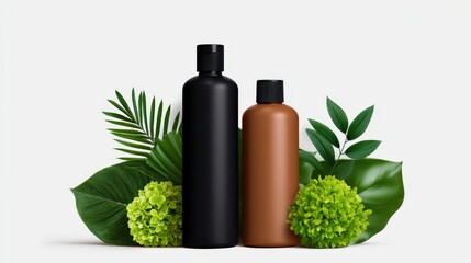 Two elegant bottles, one black and one brown, surrounded by lush green leaves and vibrant floral accents, creating a fresh, natural aesthetic.