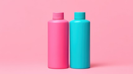 Two vibrant plastic bottles, one pink and one turquoise, stand side by side against a soft pink background.