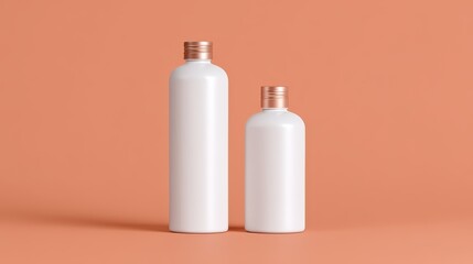 Two sleek, white bottles with copper caps against a soft orange background, creating a modern and minimalist aesthetic.