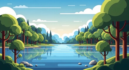Serene lake scene with lush green trees and calm water