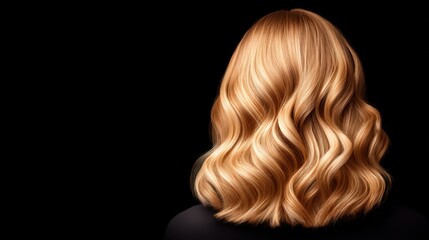 A close-up view of a person"s wavy, golden blonde hair, showcasing its shine and texture against a dark background.