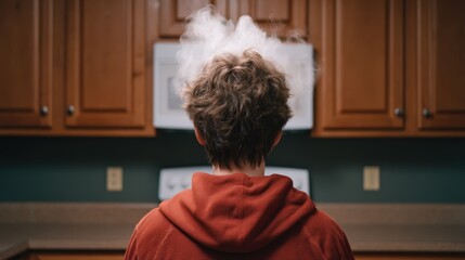 A person stands in a kitchen, seen from behind, with steam rising from a microwave, creating a cozy and slightly chaotic atmosphere.