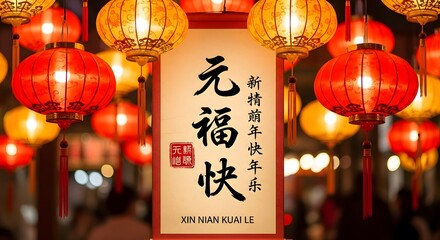 Chinese new year celebration with red lanterns and calligraphy