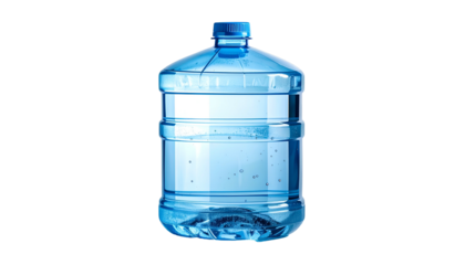 Large transparent container filled with water, captured on a dark background. The container has a blue cap and appears pristine