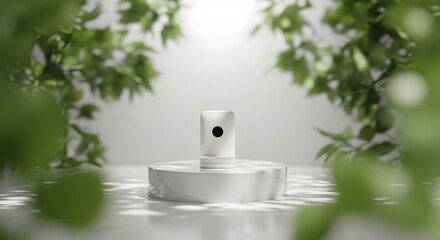 Minimalistic white podium with green leaves and white background