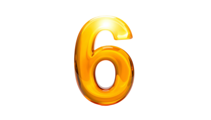A 3D rendered, golden, glossy number six against a black background. It appears fluid and reflective with highlights and shadows