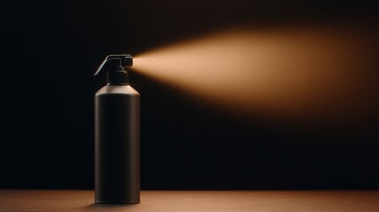 A sleek black spray bottle emits a fine mist against a dark backdrop, creating a dramatic visual effect.