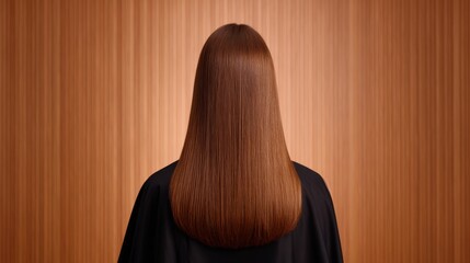 A person with long, straight, shiny hair stands with their back to the viewer, against a smooth wooden backdrop.