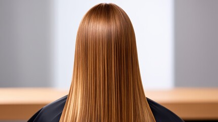 A close-up view of straight, shiny hair, showcasing a warm, golden-brown color, set against a simple, blurred background.