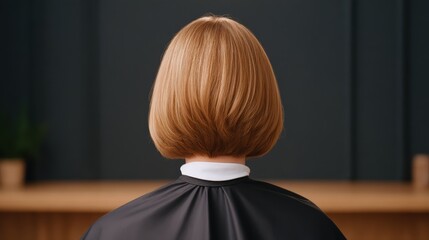 A close-up view of a person with a stylish bob haircut, seated in a salon, showcasing the back of their head and hair.