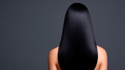 A close-up view of straight, glossy black hair, showcasing smooth texture against a dark background.