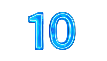 Illuminated, radiant digital numeral. A vibrant blue "10" glows against a black background. Each number has a neon-like outline