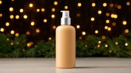 A sleek, amber lotion bottle stands against a backdrop of warm, glowing lights, creating a cozy and inviting atmosphere.