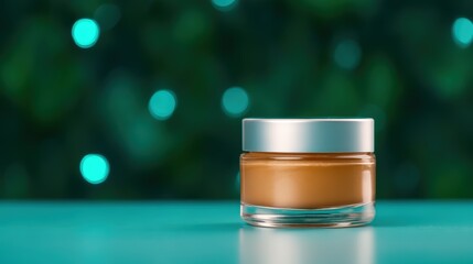 A stylish glass jar with a silver lid, containing a creamy substance, set against a blurred backdrop of teal and soft blue lights.