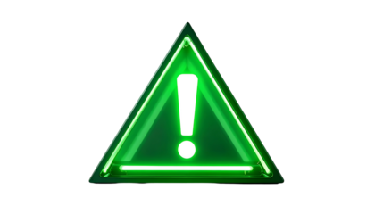 Illuminated green warning icon in a neon triangle shape, with an exclamation mark at its center on a solid black backdrop