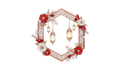 Hexagonal frame with flowers and lanterns