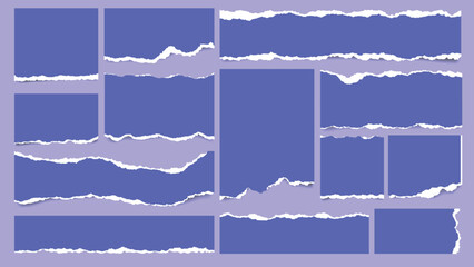 Set of Torn Blue Paper Scraps with Rough Edges on blue Background