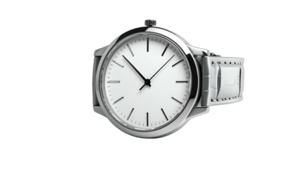 A close-up studio shot showcases a sophisticated wristwatch with a silver case and white face, hands marking the time. The band is a textured white leather
