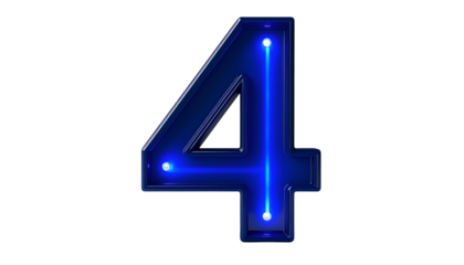 Digit '4' rendered in a sleek, glossy, three-dimensional style, with internal neon lighting that emits a vibrant blue glow. The background is pure black