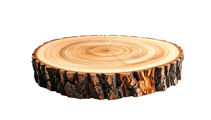 A close-up view of a cross-section of a tree trunk, showcasing the wood's growth rings and textured bark on a black background