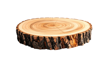 A close-up view of a cross-section of a tree trunk, showcasing the wood's growth rings and textured bark on a black background