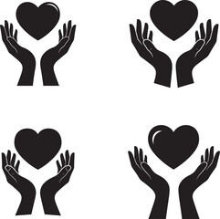 Fototapeta premium Four black silhouette hands holding hearts on white background