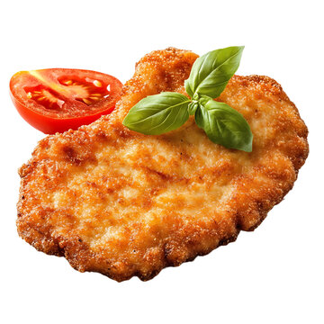 Crispy breaded chicken schnitzel with fresh basil and tomato slice isolated on white background.