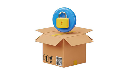 Cardboard box with padlock and QR code, symbolizing secure delivery