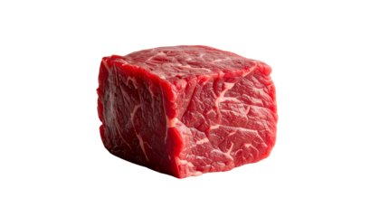 Close-up studio shot of a raw, cubed cut of red meat with visible marbling against a stark black background. It appears ready for cooking