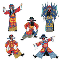 Chinese opera performers wearing detailed traditional robes and colorful masks are depicted in a vibrant 2D flat cartoon vector illustration on a clean white background.