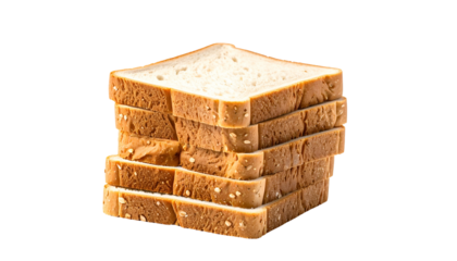 Close-up of sliced bread, stacked neatly. Reveals the texture of the bread, highlighting the different layers and grains of the baked goods