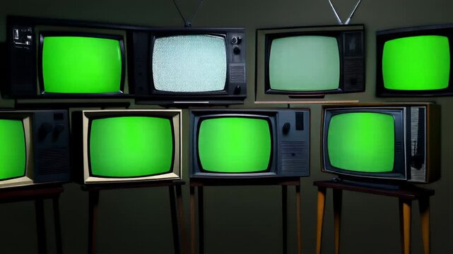 Retro Television Screens Displaying Bright Green Screens in a Dark Studio Environment