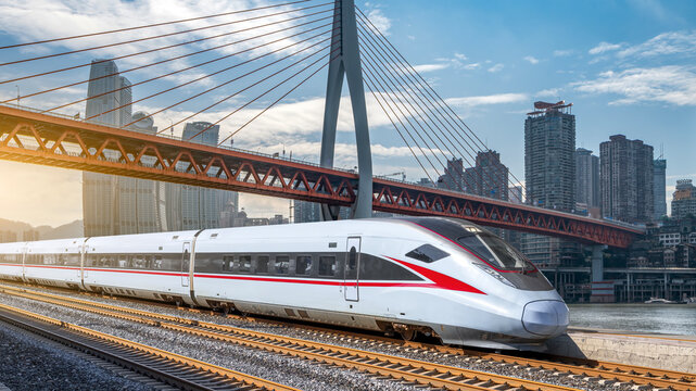 High-speed Train Passing Under Modern Bridge