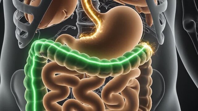 Detailed 3D Animation of Human Digestive System with Stomach, Intestines, and Other Organs