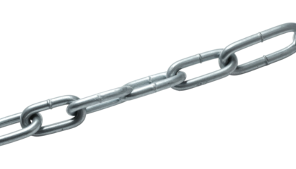 A close-up view presents a metallic chain with silver, linked segments against a stark black background, emphasizing its structure