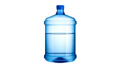 Clear, large, water container with a blue cap against a black background. Transparent, filled with refreshing liquid