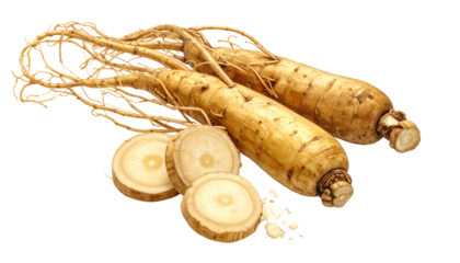 Close-up image showcasing freshly harvested root vegetables with visible sliced sections and accompanying ground powder. A clean background enhances the focus
