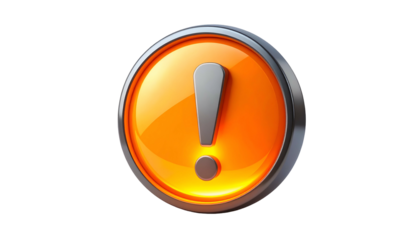 A metallic-bordered, glossy orange button displays an exclamation mark, centered against a black background. The symbol has a 3D effect