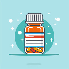 Orange and white pill bottle with pills on light blue background