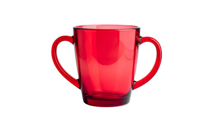 A vibrant, transparent, red glass with two handles, centered on a stark black background. It is a symmetrical, clear form