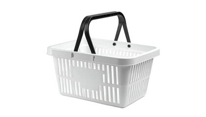 A white plastic shopping basket with a black handle is positioned against a solid black background. The perspective is from the side