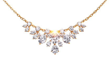 A dazzling golden necklace, adorned with numerous sparkling gemstones, hangs against a black background, highlighting its brilliance