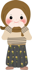 A cheerful cartoon illustration of a young muslim girl wearing a brown hijab and cream sweater with line pattern, smiling and waving isolated on transparent background
