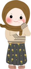 A cheerful cartoon illustration of a young muslim girl wearing a brown hijab and cream sweater with line pattern, smiling and waving isolated on transparent background
