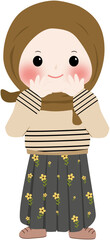 A cheerful cartoon illustration of a young muslim girl wearing a brown hijab and cream sweater with line pattern, smiling and waving isolated on transparent background
